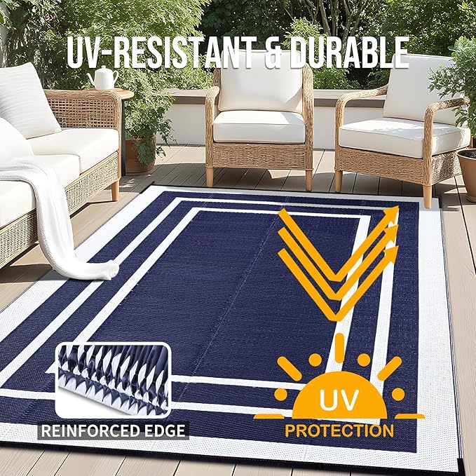 OLANLY Outdoor Rug 8x10 ft Waterproof, Reversible Outdoor Plastic Straw Rug, RV Mat, Indoor Outdoor Carpet Clearance for Patio, Camping, Balcony, Deck, Backyard, Navy & White