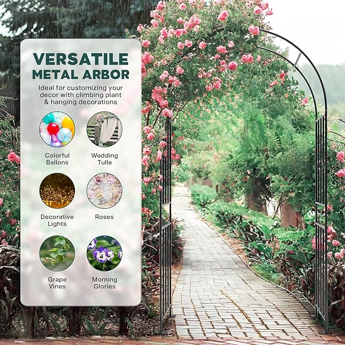 IDZO 86in Metal Garden Arbor Arch, Sturdy & Durable Trellis with Ground Stakes, 3 Installation Options, Ideal for Climbing Plants & Outdoor Decoration