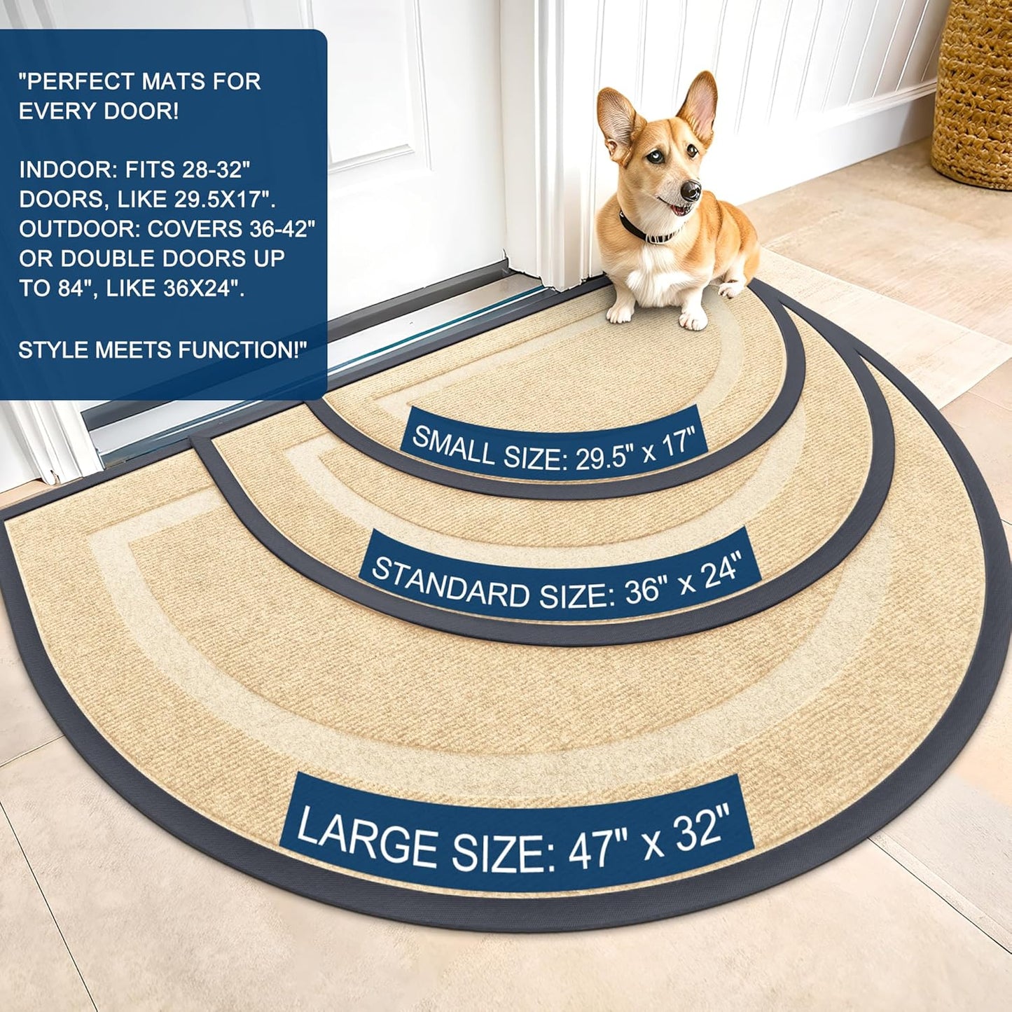 OLANLY Half Circle Door Mat Indoor Outdoor Entrance Welcome, Waterproof All-Season, All-Weather Doormat, Sturdy Natural Rubber, Low Profile, Easy Clean Patio Porch Entryway Mat, 47x32, Beige