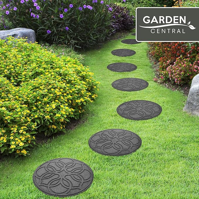 Garden Central 4-Pack 18”x18” Fake Pendant Rubber Stepping Stones, Round, Grey – Reversible Non-Slip Outdoor Faux Decorative Set for Landscaping – DIY Decor for Walkways & Yard Pathways