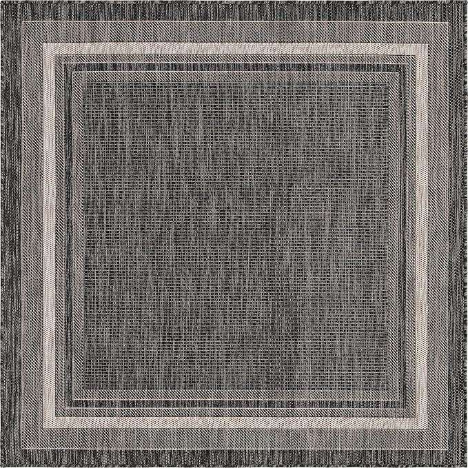 Unique Loom Outdoor Border Collection Area Rug - Soft Border (5' 1" Square, Black/ Ivory)