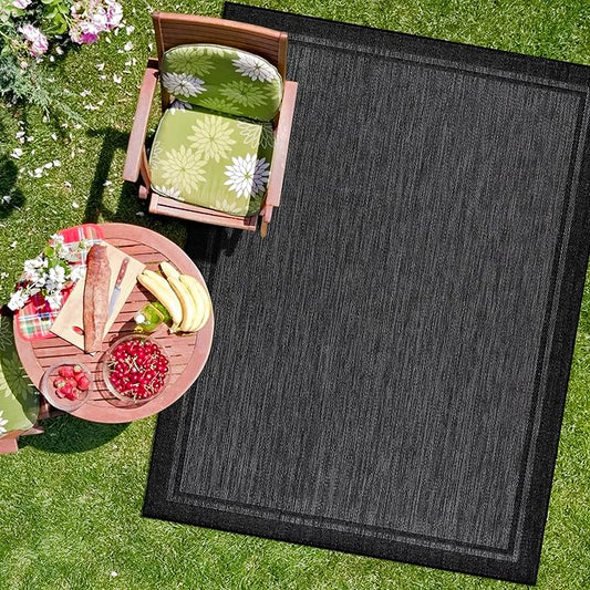 CAMILSON Indoor Outdoor Rug, 5x7 Bordered Dark Grey Black Modern Area Rugs for Indoor and Outdoor Patios, Kitchen and Hallway Mats, Washable Porch Deck Outside Carpet (Bordered Black, 5 x 7)