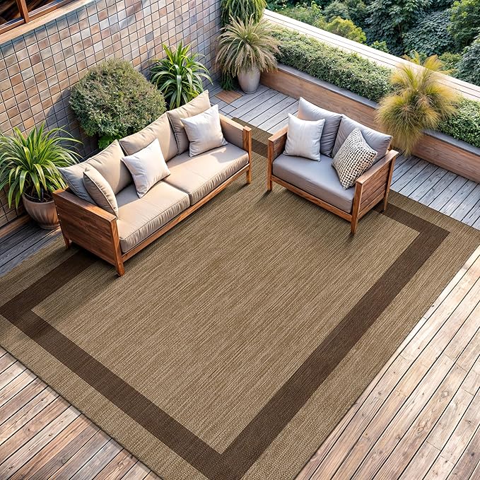 CAMILSON Outdoor Rug 5x7 - Modern Outside Rugs for Patios Porches Waterproof Durable Washable Non-Shedding, Easy-to-Clean Indoor Outdoor Area Carpet (5 x 7, Bordered - Jute)