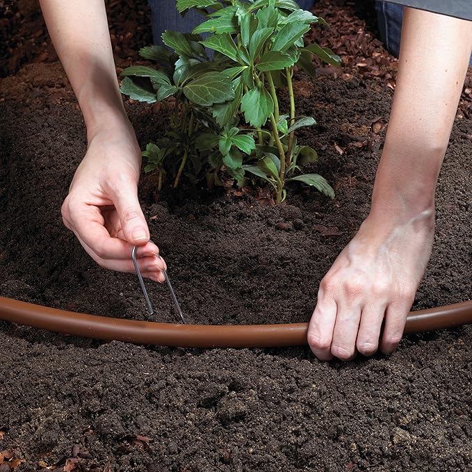 Raindrip SDGCBHP Automatic Drip Irrigation Watering Kit with Timer for Ground Cover & Flower Beds, Waters up to 200 Sq. ft, Timer with Customizable Settings & 13 GPH Half-Circle Adjustable Sprayers, Black;Galvanized Steel;Brown