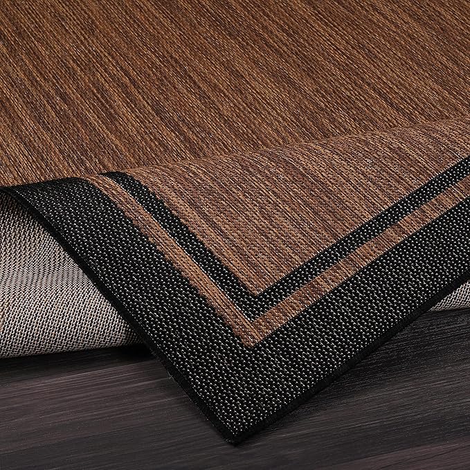 CAMILSON Indoor Outdoor Rug, 9x12 Bordered Nut Brown Black Modern Area Rugs for Indoor and Outdoor Patios, Kitchen and Hallway Mats, Washable Porch Deck Outside Carpet (Border Nut Brown Black, 9 x 12)